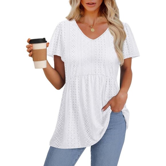 Womens Babydoll Top Polyester Short Sleeve V Neck Casual Dressy Summer - Picture 2 of 5